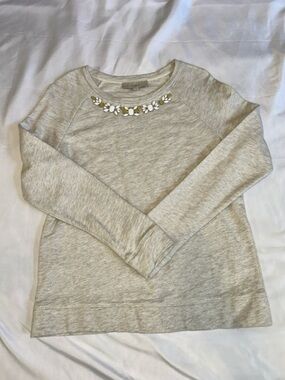 LOFT Cream Beaded Necklace Detail Crewneck Sweater